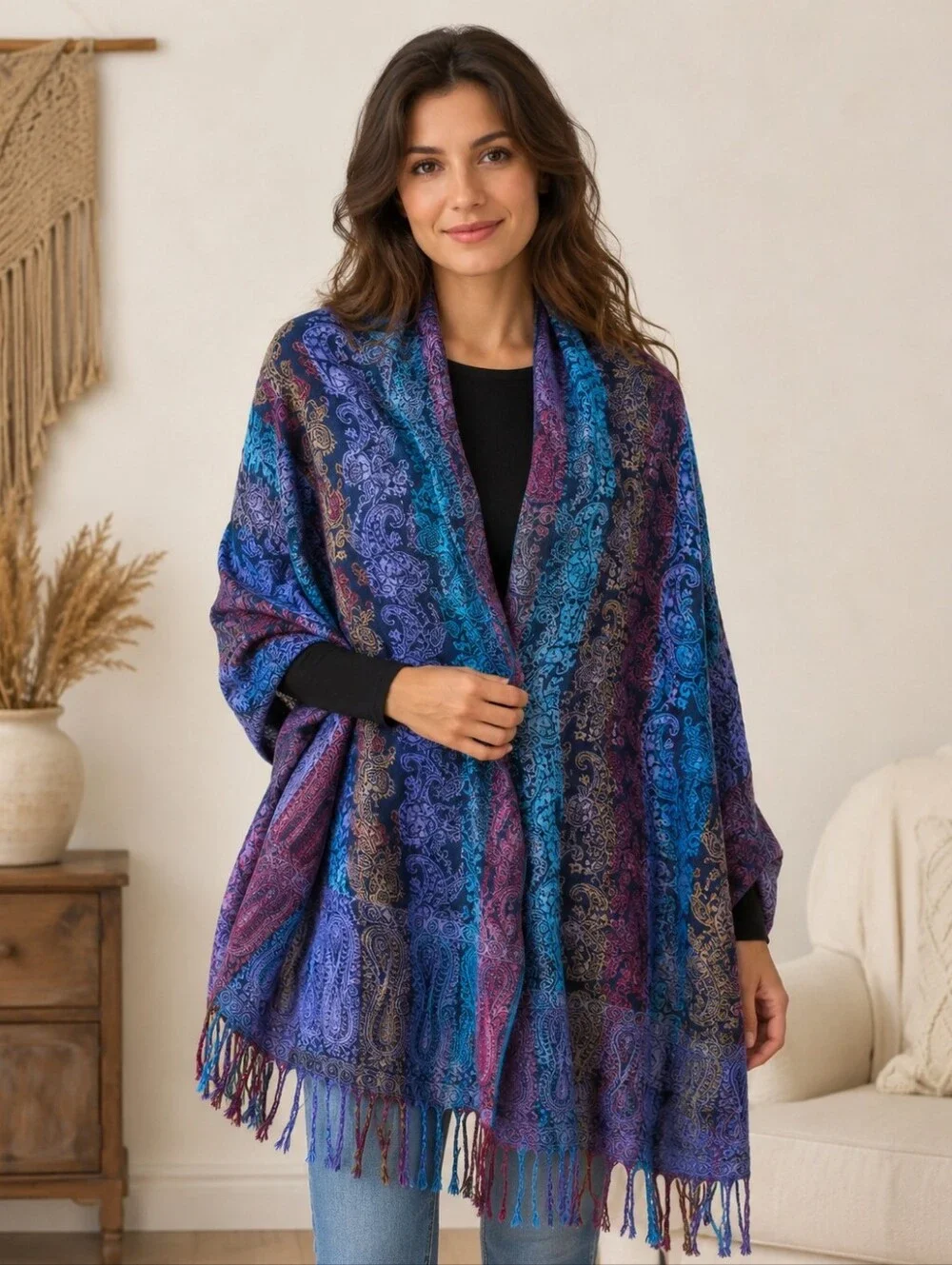 Paisley Pashmina Wrap Purple Blue 70% Pashmina 30% Silk Scarf XL Shawl + Fringe